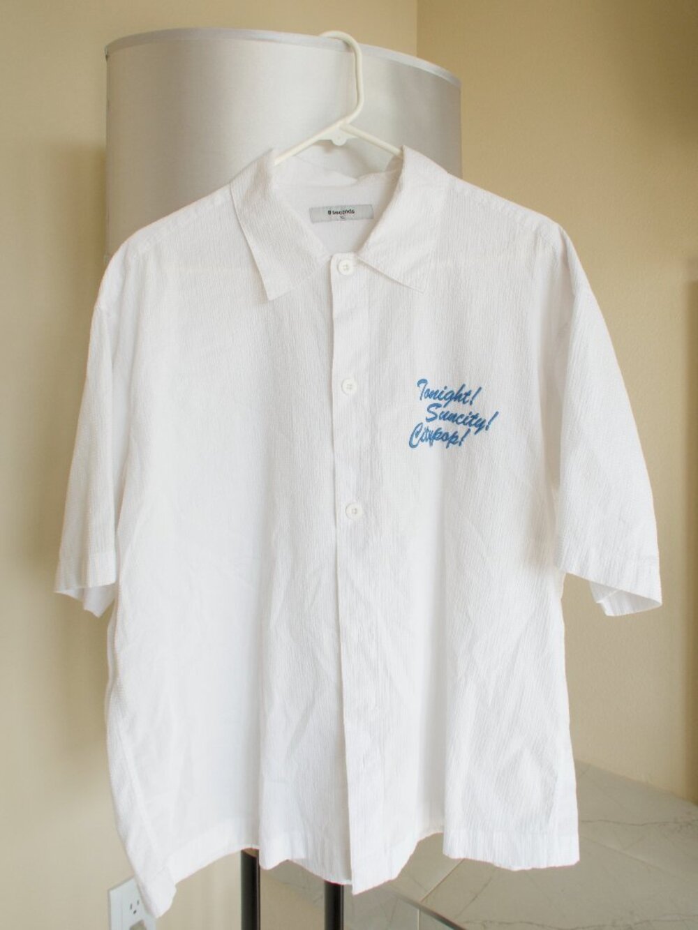 8seconds Korean White Seersucker Camp Collar Shirt Citypop Embroidered XL